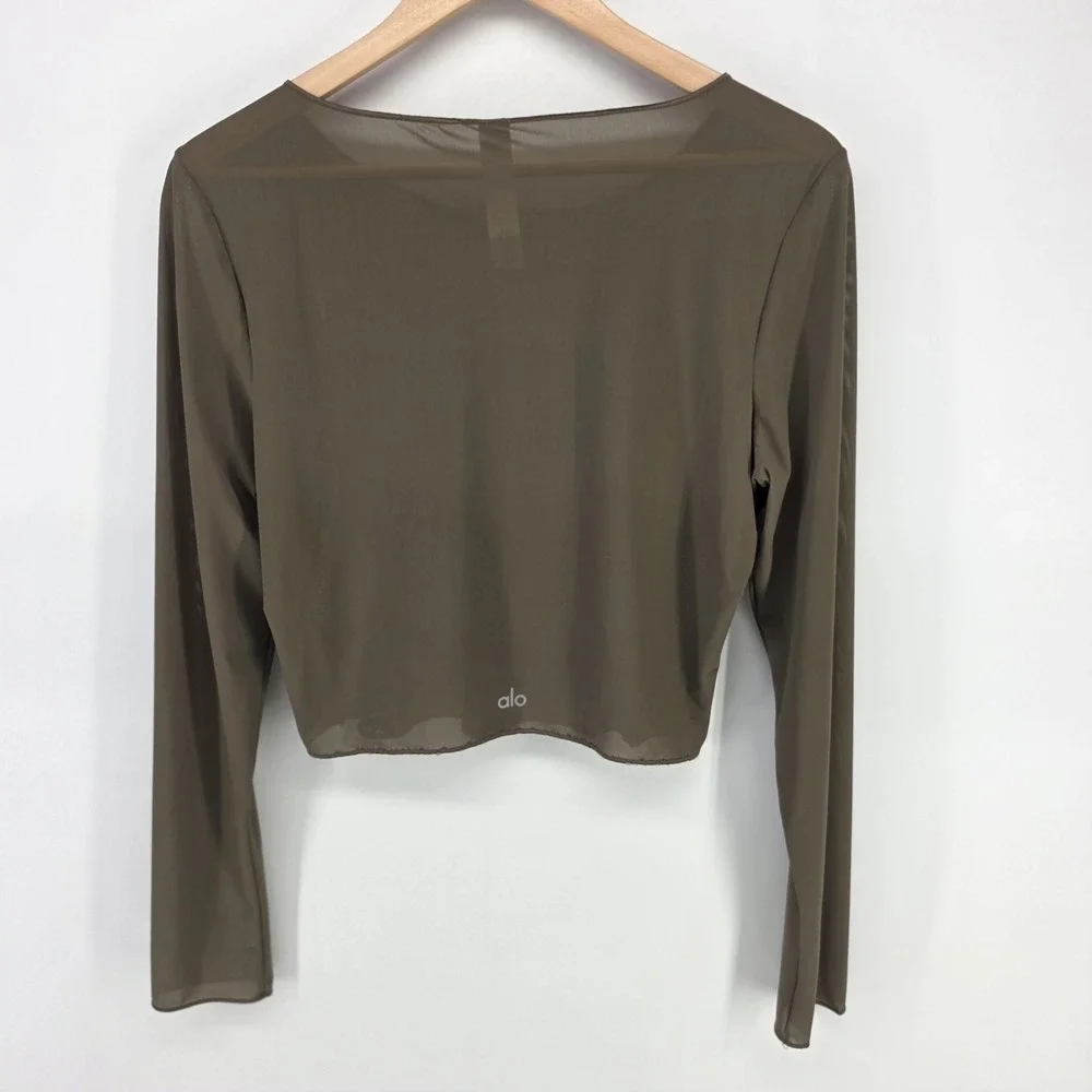 Alo Yoga Mesh Long Sleeve Crop Top Womens Large Brown Sheer Activewear Layering